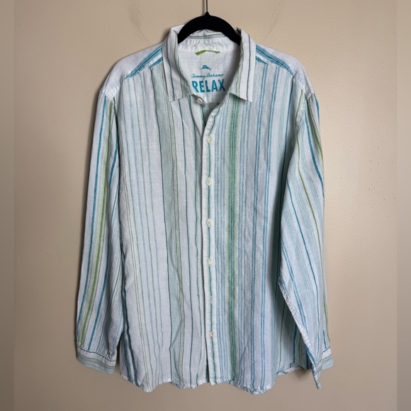 Men! Tommy Bahama Striped 100% Linen Long Sleeve Button Shirt X-Large XL/TG - Picture 2 of 6